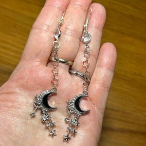 3/$25 Silver Crescent Moon & Star Dangle Earrings
